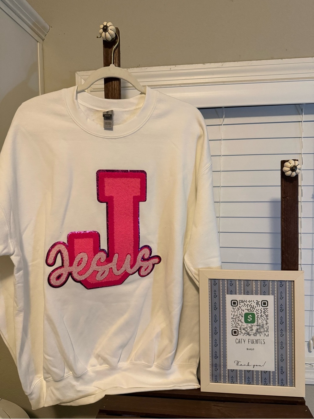 White Women’s Sweatshirt with Pink Chenille Patch 'Jesus' Lettering